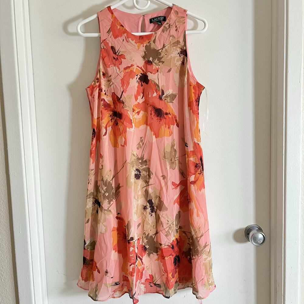 Ralph Lauren Shift Dress Sz 14 Salmon Pink Floral Poly Chiffon Sleeveless